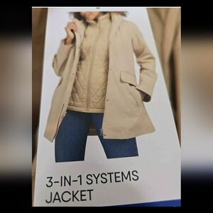 New Lands End Beige Jacket Coat Hooded Large L 3 in 1 system With Vest Layers